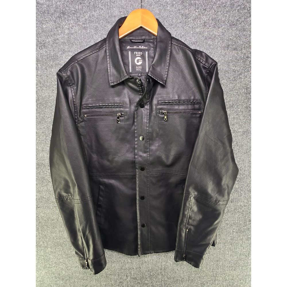 Fried Denim NYC Mens Black Faux Leather Snap Front Jacket Large L RN121557